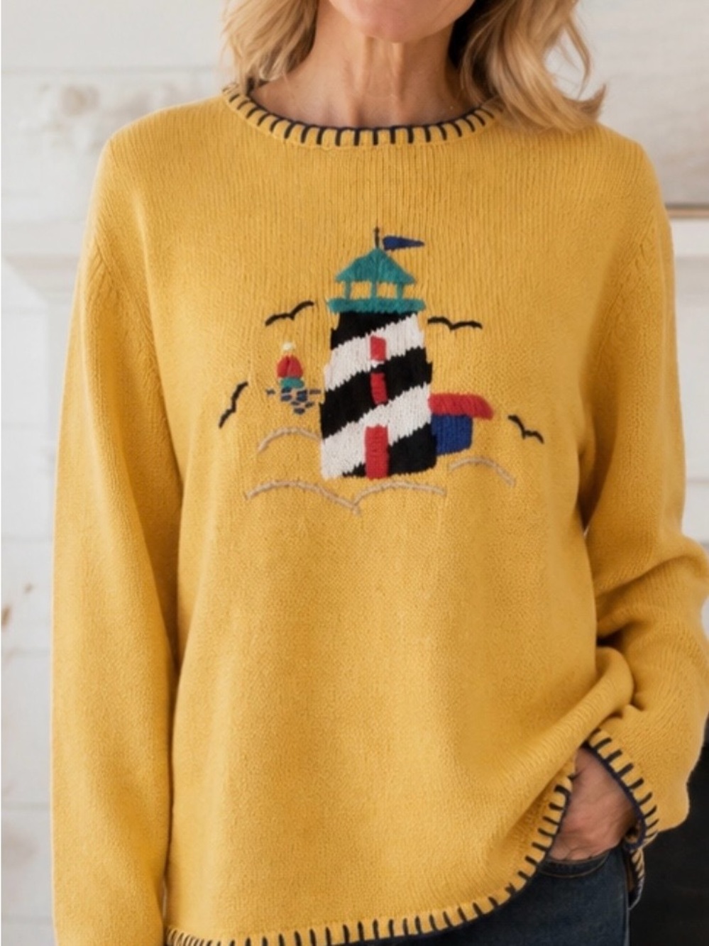 Sag Harbor Yellow  Lighthouse Crewneck Sweater Vtg 90’s Small Petite